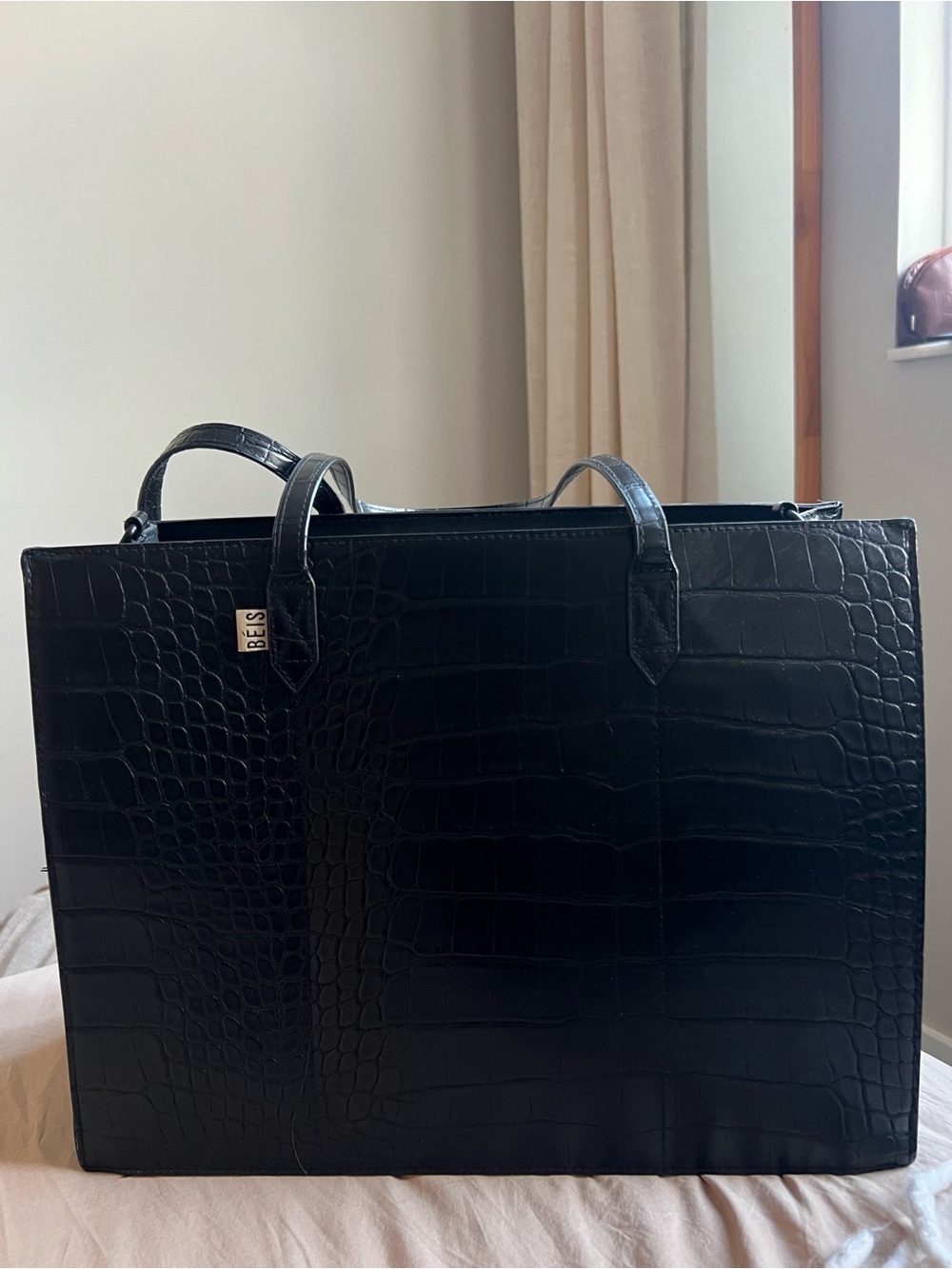 BEIS Black Croc-Embossed Laptop Tote